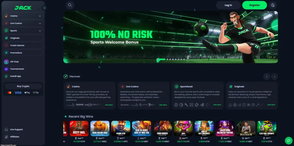 JACK casino interface showing the game lobby and crypto wallet options