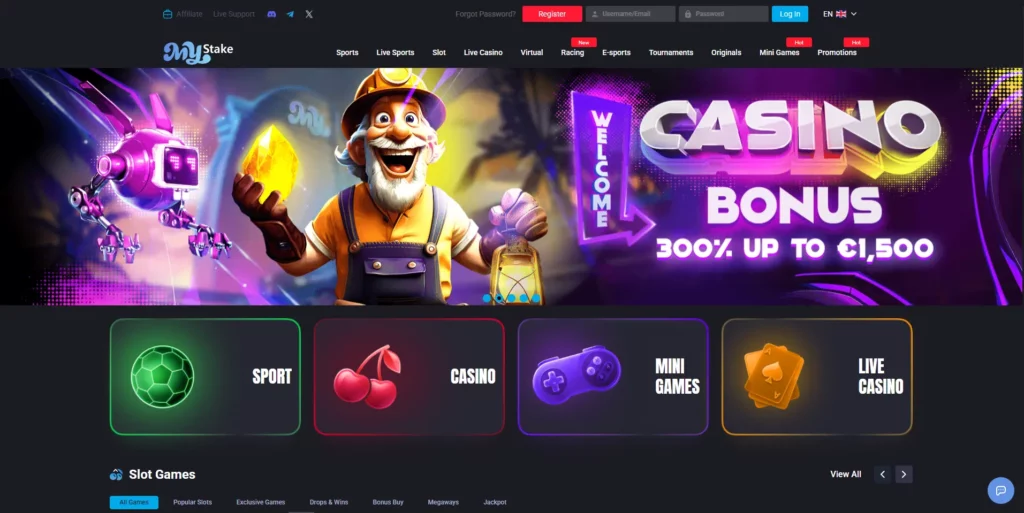 MyStake casino platform interface showing game lobby and navigation